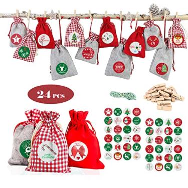 Imagem de 24PCS Bolsas de Calendário do Advento Contagem Regressiva Juta com Grampos Madeira Adesivos Corda Algodão para Decorações Festa DIY Conjunto Reutilizá