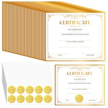 Imagem de Yeaqee 200 peças de papel para certificado de conclusão com selos de adesivos dourados Prêmio pré-impresso para conquistas de diploma de graduação estudantes, professores, empregados, presente, 20 x