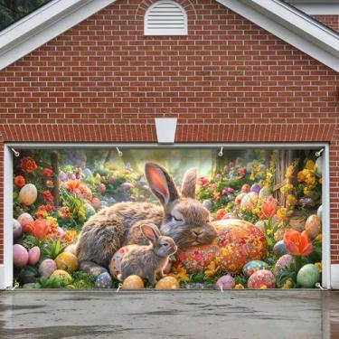 Imagem de Decoração de faixa de porta de garagem, grande decoração de capa de páscoa interna externa para casa, pano de fundo de festa de férias à prova d'água com coelhinho da Páscoa para varanda, quintal