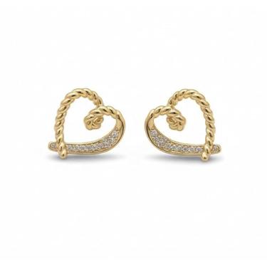 Imagem de Brinco Feminino Coração Cordão Baiano, Banhado a Ouro 18K, Dourado com Zircônias, 2,5 cm, 2 Unidades