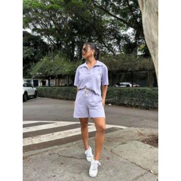 Imagem de Conjunto Feminino Em Moletom Shorts E Blusa Gola Polo - luh may, Cinza