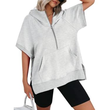 Imagem de AUTOMET Camisetas femininas de manga curta grandes com caimento solto de algodão meio zíper 2024 tops de verão com bolsos, Cinza, GG