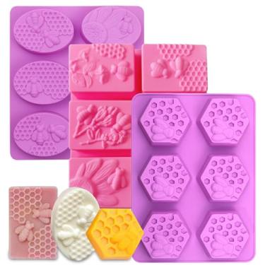 Imagem de 3 moldes de sabão de silicone de abelha, moldes de cera de abelha moldes de silicone de 6 cavidades para sabonetes caseiros, cera de abelha, resina, bombas de banho, geleia, velas e barras de loção