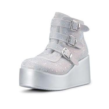 Imagem de LUCKY STEP Botas femininas de cano curto com plataforma – bico redondo com zíper anabela salto alto fivela sola grossa botas góticas, Strass prate, 8