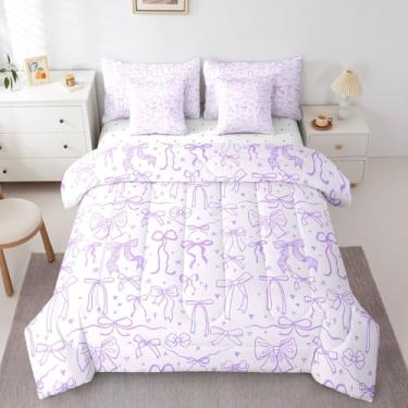 Imagem de Conjunto de cama infantil casal com laço de desenho animado de borboleta, nó de princesa, com laço e estrelas, 1 edredom com elástico, 1 lençol de cima, 2 fronhas, 2 fronhas