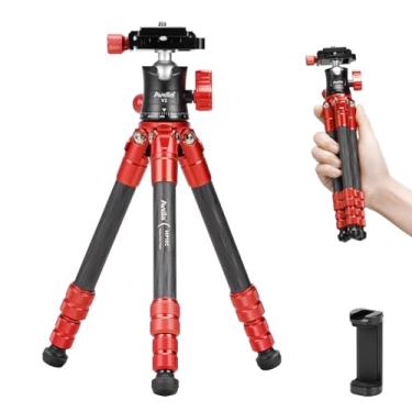 Imagem de Avella Mini tripé de câmera de fibra de carbono MP10C, mesa leve e portátil, design compacto de coluna central externa, tripé de viagem com cabeça esférica de 360° e suporte de garfo em V para câmera