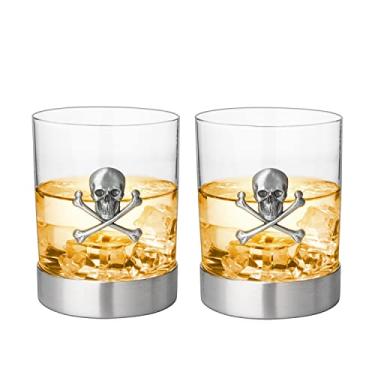 Imagem de Copos de uísque de caveira, 325 ml, uísque, rum, conhaque, copos escoceses, emblema elegante de caveira e ossos, copo de cristal de esqueleto para beber vodca de vinho, presentes de Halloween em casa para homens, mulheres, Halloween