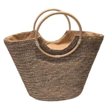 Imagem de Bolsa Grande Cesta Feminina Ombro Praia Piscina Alça Madeira Fechamento Em Ziper Moda Verão Cor Palha Escura