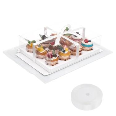 Imagem de EUSOAR Recipientes para cupcake, pacote com 6 caixas de confeitaria brancas transparentes, 12 unidades, recipiente de bolo de padaria com fita de presente, suporte retangular de sobremesa, pastelaria