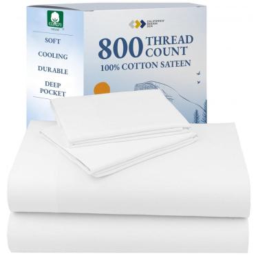 Imagem de Conjunto de Lençóis de 800 Fios com Elástico, Tamanho Queen, Macio e Sedoso, com Material 100% Algodão, California Design Den, Branco