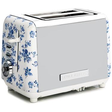 Imagem de Torradeira 2 Fatias em Aço Inox Laura Ashley Rosa China com estampa floral, Slots Largos, 7 Níveis, Funções Descongelar, Reaquecer