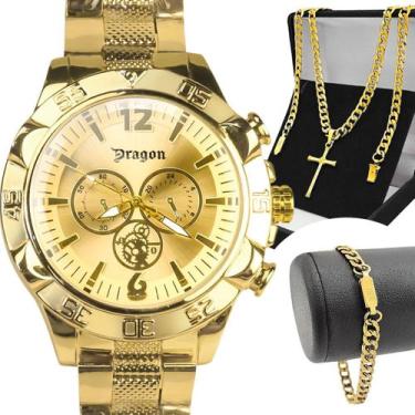 Imagem de Relogio Masculino Aço Ouro Banhado + Pulseira + Pingente Cruz casual g