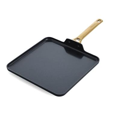 Imagem de GreenPan Reserve antiaderente de cerâmica saudável anodizada rígida, 28 cm, alça dourada, livre de PFAS, lavável na lava-louças, segura para forno, preta