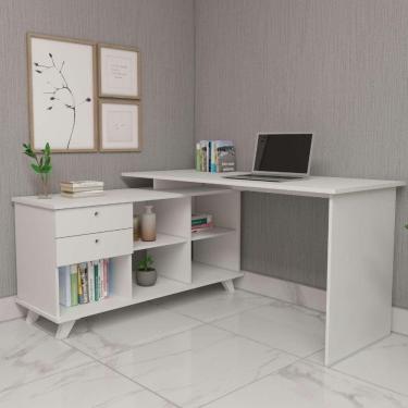 Imagem de Escrivaninha Mesa Em L Para Home Office E Escritório 2 Gavetas E 5 Nichos Gold Artany Branco