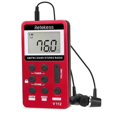 Imagem de Retekess Rádio de bolso portátil V112 AM FM Digital Tuning Stereo Volume com fone de ouvido bateria recarregável para caminhadas e academia (vermelho)