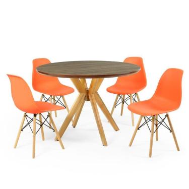 Imagem de Conjunto Mesa de Jantar Redonda Marci Premium Natural 100cm com 4 Cadeiras Eames Eiffel - Laranja