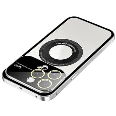 Imagem de PuRoxx Capa magnética para iPhone 15 Pro Max/15 Pro/15 Plus/15, protetor de lente de câmera de vidro de janela, moldura de metal, imagem do logotipo, capa traseira translúcida fosca, prata, 15Pro