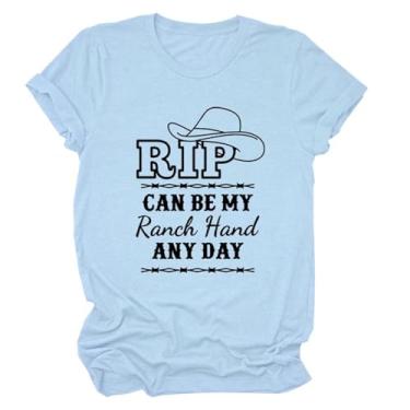 Imagem de Rip Can Be My Ranch Hand Any Day Camiseta feminina com padrão de chapéu jeans engraçado com dizeres estampados camisetas country music pulôver tops, Azul-claro, 3G