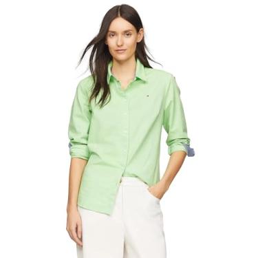 Imagem de Tommy Hilfiger Camisa feminina lisa com colarinho de botão e mangas ajustáveis, (Coleção 2024) Primavera, verde., P