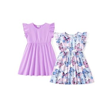 Imagem de PATPAT Conjunto de vestidos de manga curta sem mangas para meninas com 2/3 conjunto de vestidos infantis de bolinhas sorvete, Borboleta roxa, 5-6 Anos
