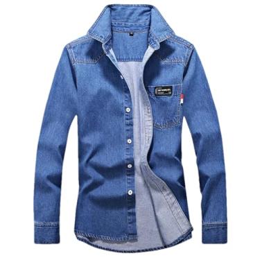 Imagem de Camisa jeans masculina algodão jeans outono slim manga longa caubói camisa elegante lavagem slim tops, Azul marinho 9912, 3G