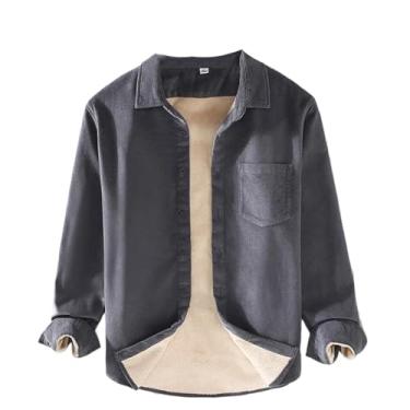 Imagem de Camisas masculinas casuais de lã quente de lapela de veludo cotelê espesso com bolso camisa versátil, Cinza escuro 9, PP