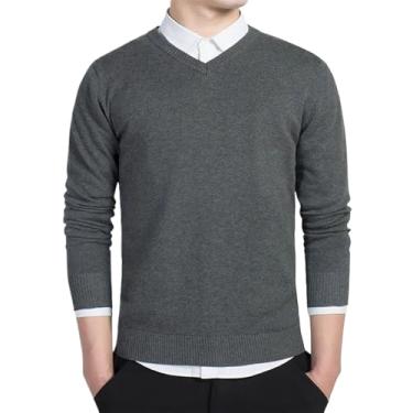 Imagem de Suéter de algodão masculino manga longa cardigã masculino gola V suéter solto sólido botão ajuste tricô estilo casual, Cinza escuro 1, G