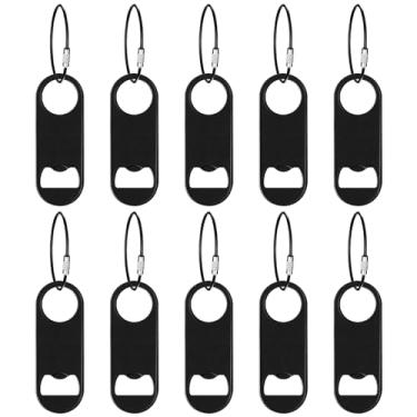 Imagem de Ohiyoo Pacote com 10 abridores de garrafas planos de aço inoxidável com chaveiro, abridor de garrafa de cerveja plano de 9 cm, chaveiro preto, mini abridor de garrafas de metal para bartender,