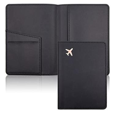 Imagem de Deziliao Combo porta-cartão de vacina e passaporte, porta-passaporte de couro PU com compartimento para cartão de vacina, carteira de passaporte para homens e mulheres, Preto, Minimalista