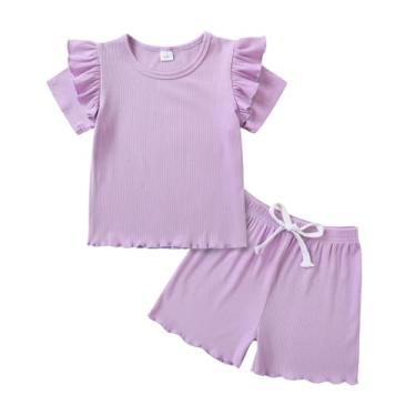 Imagem de YOUNGER TREE Conjunto de roupas infantis de manga curta de malha canelada para meninas, conjunto de roupas de verão, Roxo #1, 3-4 Anos