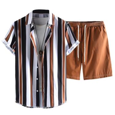 Imagem de Gihuo Conjunto masculino havaiano de 2 peças com camisa de botão e shorts listrados para férias de praia de manga curta, Marrom, G