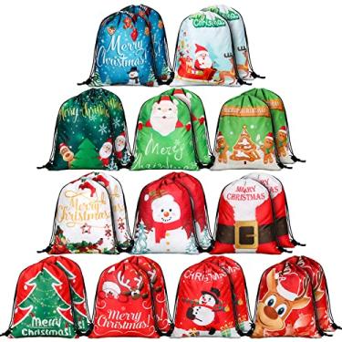 Imagem de Pacote com 48 sacos de presente de Natal reutilizáveis com cordão de Natal mochila infantil boneco de neve Papai Noel alce lembrancinhas de festa sacos de pano de tecido sacos de presente com cordão,