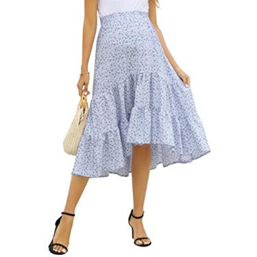 Imagem de FUNJULY Saia maxi plissada com estampa floral de cintura alta para gestantes, casual, rodada, rodada, saia longa, Azul e branco, P