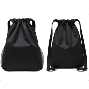 Imagem de shyliey Mochila com cordão, bolsa impermeável com bolsos laterais, bolsa de natação com cordão de ginástica para homens e mulheres, Preto, Large, Mochila com cordão