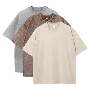 Imagem de Fkatuzi Camisetas masculinas lisas de algodão grandes para homens vintage streetwear camisetas básicas folgadas hip hop unissex tops camiseta lavagem ácida, C - cinza claro - café - damasco, 4G