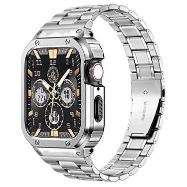 Imagem de MioHHR Pulseira de relógio de aço inoxidável com capa compatível com pulseiras de relógio Apple 44 mm, pulseira robusta com capa protetora de metal para iWatch Series 7/6/5/4/SE para homens (prata)