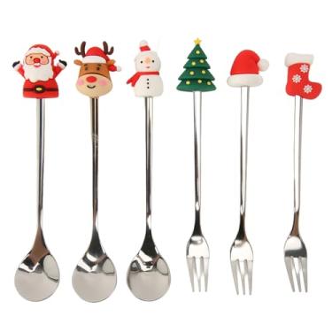 Imagem de 6 pçs conjunto de colher garfo utensílios de jantar festivo conjunto de talheres fadeless aço inoxidável silicone garfo colher kit para café sorvete