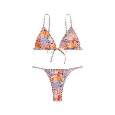 Imagem de COZYEASE Biquíni feminino de duas peças, tanga micro triangular, roupa de banho sexy, Laranja e rosa, M