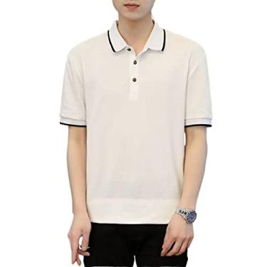 Imagem de Polos masculinos algodão listrado colarinho cor sólida tênis camiseta estiramento leve regular ajuste manga curta verão casual (Color : White, Size : XXXL)