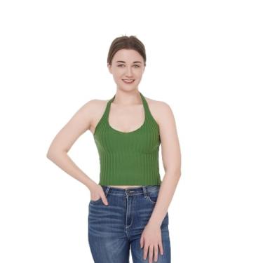 Imagem de AUTWARM Camiseta de malha sem mangas frente única com gola redonda modeladora regata feminina para sair, Algas verdes, P