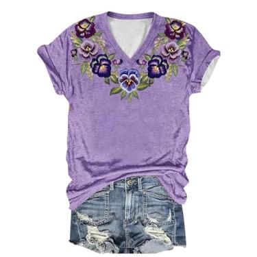 Imagem de Camiseta feminina de conscientização de Alzheimers de verão com estampa floral roxa com gola V casual e manga curta, rosa, P
