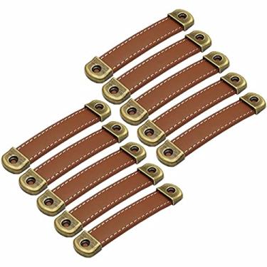 Imagem de 10 peças de couro PU + maçaneta de porta de liga de zinco, puxador de gaveta de mala puxador de armário de couro feito à mão puxadores de porta simples ferragens de móveis (marrom claro distância do