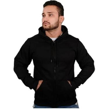 Imagem de Moletom com Zíper Blusa de Frio Fechado Flanelado Moleton Com Capuz Blusão Casaco de Algodão Unissex Feminino Masculino Liso Sem Estampa (Preto, P)