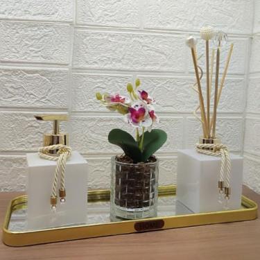 Imagem de Kit Decorativo Sala Bandeja Espelhada Vasinho com Flor Aromatizador Enfeite Decoração Sala Rack- Luiggi Presentes®