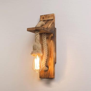 Imagem de Luminária de parede de madeira retrô americana, luminária de parede para bar, café, restaurante, corredor, casa de chá, luminária decorativa de parede para quarto, sala de estar, bar, corred