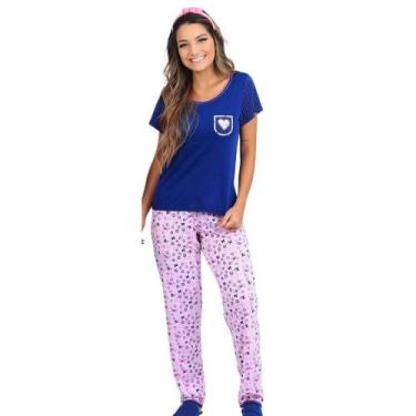 Imagem de Pijama Longo Feminino Cia Do Corpo 4700 Poliéster, G, Marinho