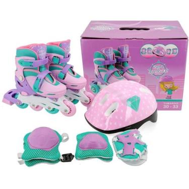 Imagem de Patins Infantil Menina 4 Rodas 30-33 + Kit Proteção Premium - Unitoys