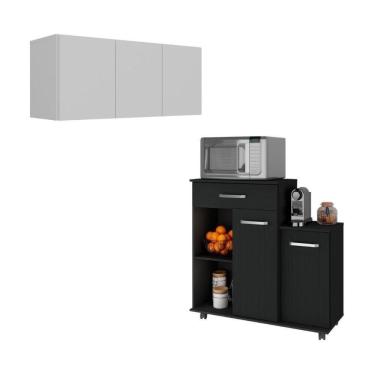 Imagem de Kit Armário De Cozinha 3 Portas Com Balcão Multiuso Multimóveis Mp2234 Branco-preto Branco-preto