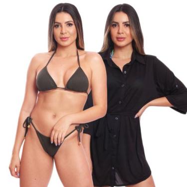 Imagem de Kit Saída de Praia Chemise Camisão Feminino + Biquini Cortininha de Am
