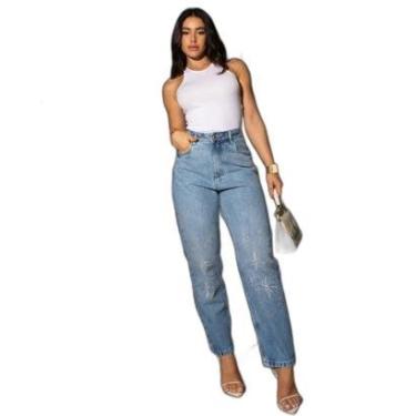 Imagem de CALÇA JEANS FEMININA MOM COM BORDADO E APLICAÇÃO 23840 40 SKY MÉDIO UNICA-Feminino
